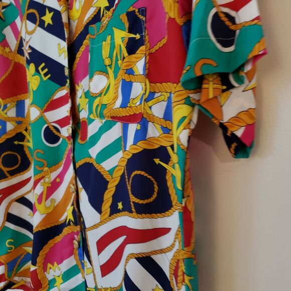 Vintage 80s Rayon Short Sleeve Buttondown Psychedelic Nautical Gold buttons 10 - Picture 3 of 10